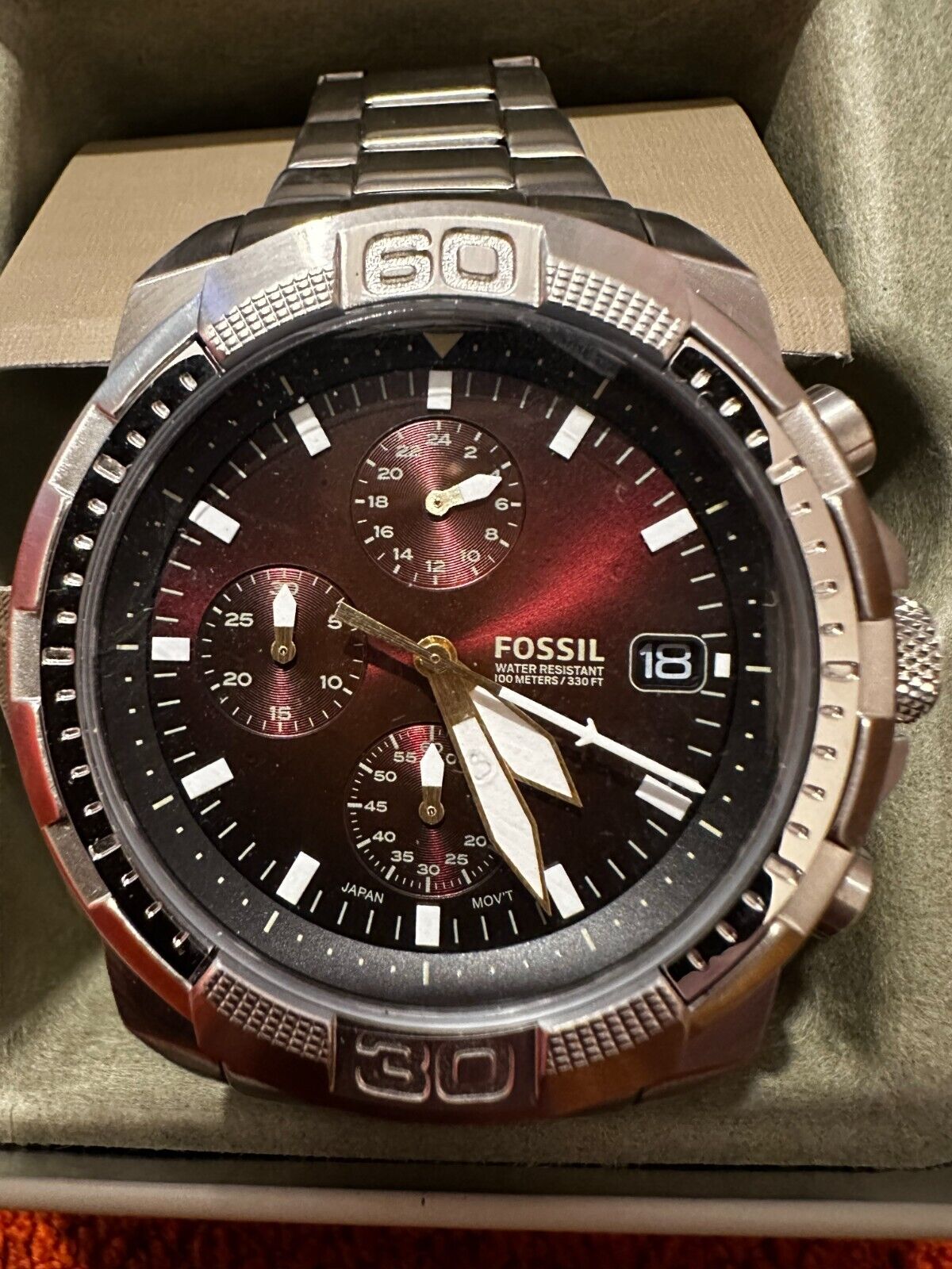 Fossil Bronson Chronograph Red Dial Silver Steel Strap Watch for Men - FS5878