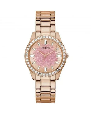 Guess Glitter Diamonds Pink Dial Rose Gold Steel Strap Watch for Women - GW0405L3