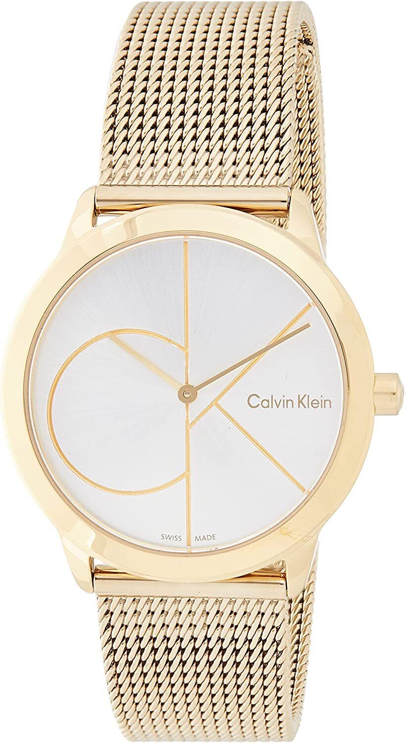 Calvin Klein Minimal Silver Dial Gold Mesh Bracelet Watch for Women - K3M22526
