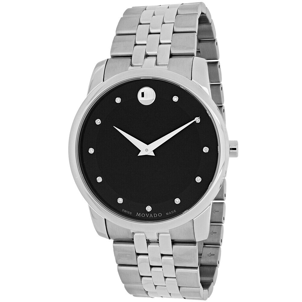 Movado Museum Diamonds Black Dial Silver Steel Strap Watch For Men - 606878