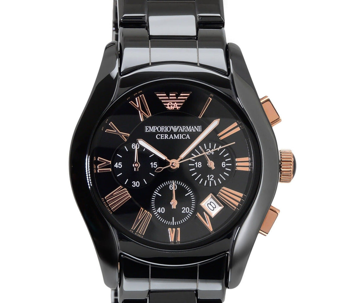 Emporio Armani Valente Ceramica Chronograph Black Dial Black Steel Strap Watch For Men - AR1410