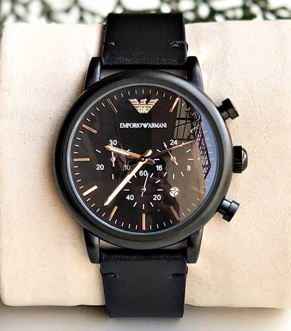 Emporio Armani Dress Chronograph Black Dial Black Leather Strap Watch For Men - AR1918