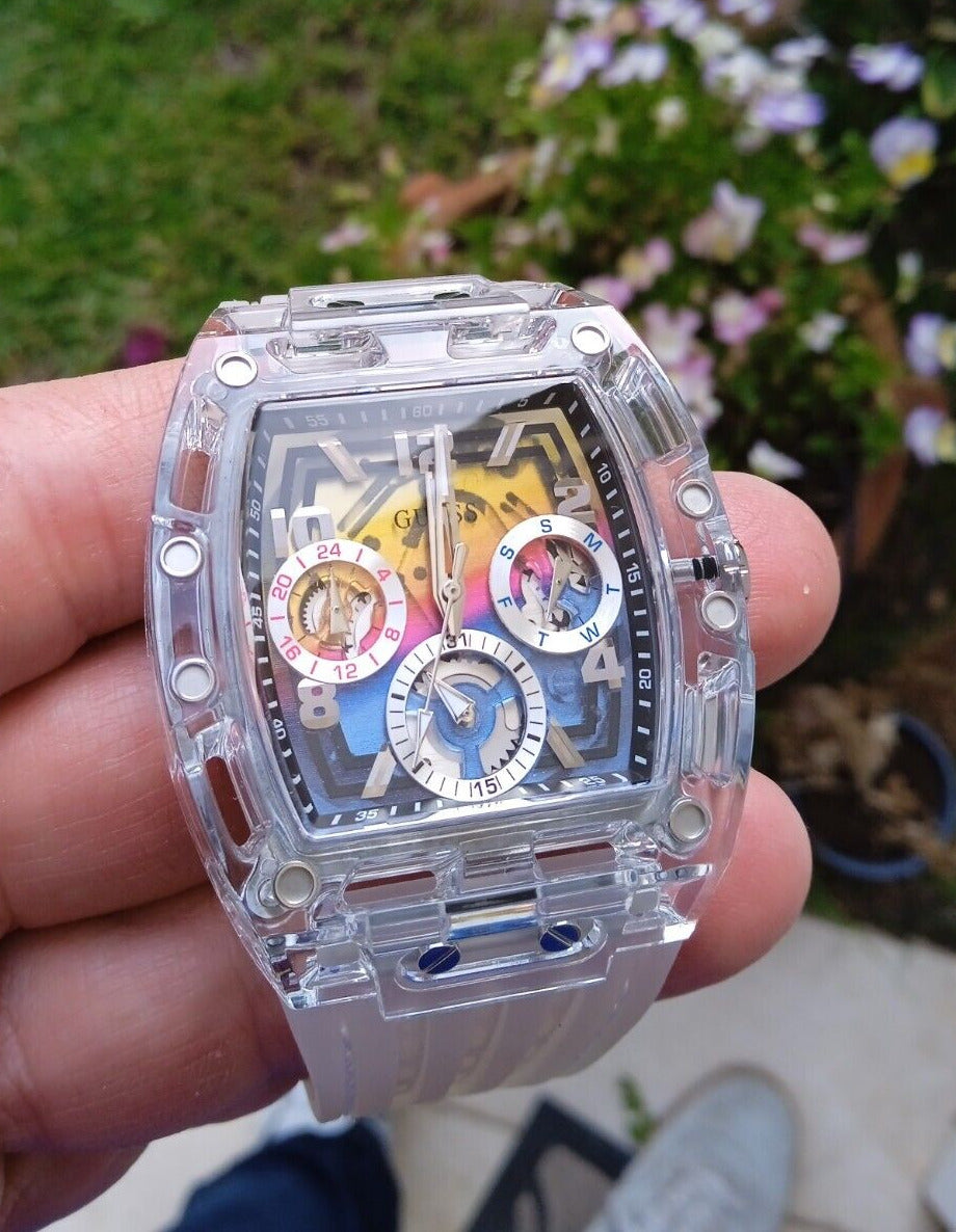 Guess Phoenix Polycarbonate Clear Multi-function Black Dial Clear Rubber Strap Watch for Men - GW0499G3