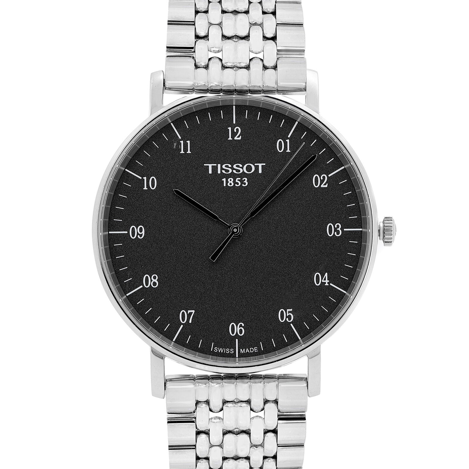 Tissot Everytime Large Black Dial Silver Mesh Bracelet Watch For Men - T109.610.11.077.00