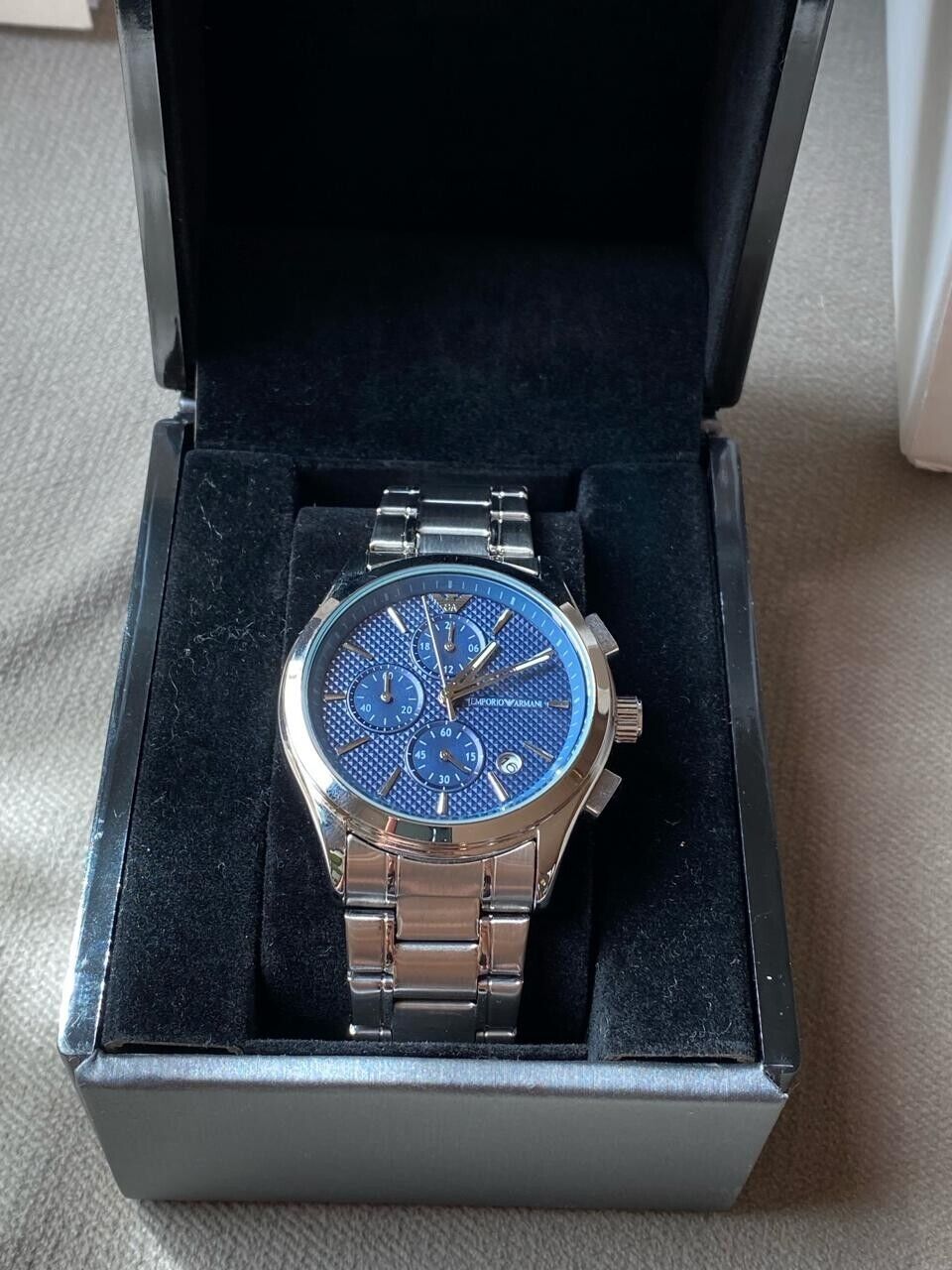 Emporio Armani Chronograph Blue Dial Silver Steel Strap Watch For Men - AR11528