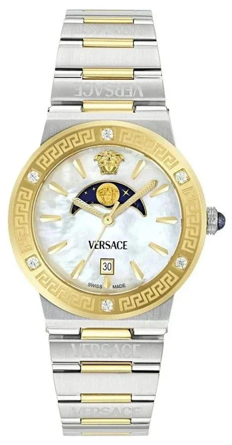 Versace Greca Logo Moonphase Mother of Pearl Dial Two Tone Steel Strap Watch for Women - VE7G00524
