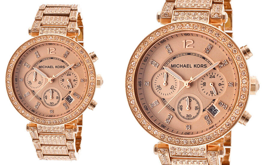Michael Kors Uptown Glam Parker Chronograph Rose Gold Dial Steel Strap Watch for Women - MK5663