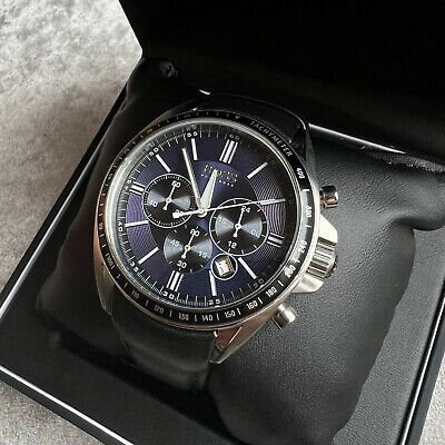 Hugo Boss Driver Sport Chronograph Blue Dial Black Leather Strap Watch for Men - 1513077