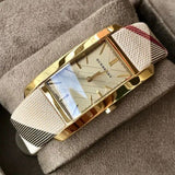 Burberry Pioneer Champagne Dial Haymarket Beige Leather Strap Watch for Women - BU9407