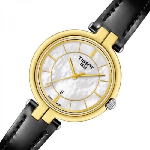 Tissot Flamingo Mother of Pearl White Dial Black Leather Strap Watch For Women - T094.210.26.111.00