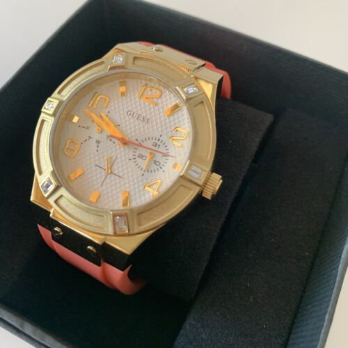 Guess Jet Setter Golden Dial Orange Rubber Watch For Women - W0564L2