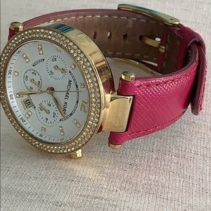 Michael Kors Parker Chronograph White Dial Pink Leather Strap Watch for Women - MK2297