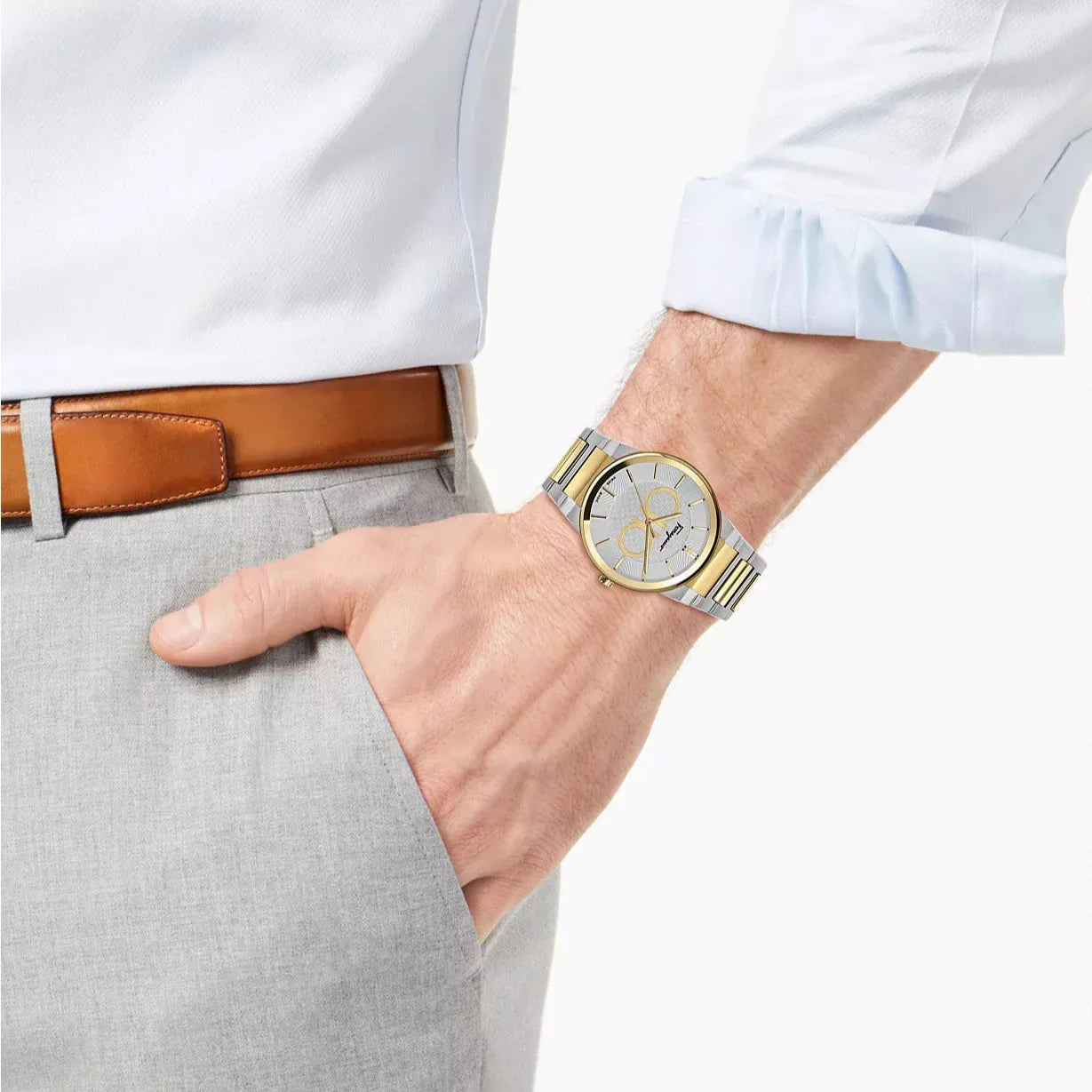 Salvatore Ferragamo Sapphire Silver Dial Two Tone Steel Strap Watch for Men - SFHP00520