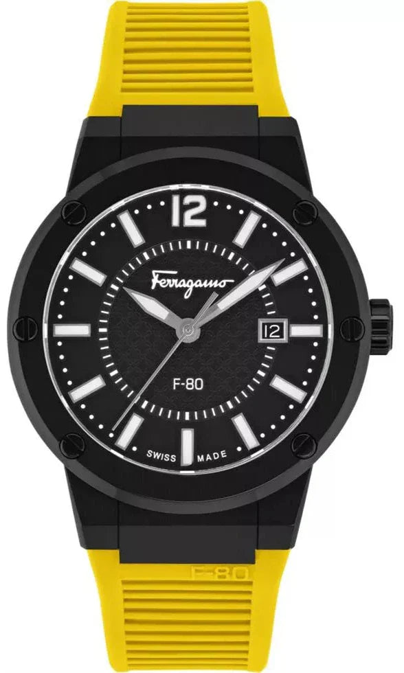 Salvatore Ferragamo F-80 Classic Black Dial Yellow Rubber Strap Watch for Men - SFHY01522