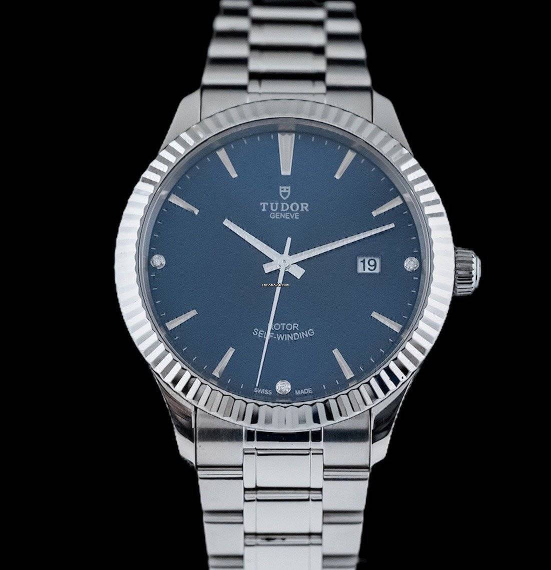 Tudor Style Automatic Diamonds Blue Dial Silver Steel Strap Watch for Men - M12710-0017