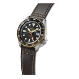 Seiko 5 Sports SKX GMT Automatic Mocha Black Dial Brown Leather Strap Watch For Men - SSK036K1
