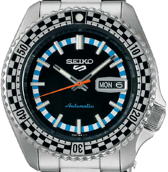Seiko 5 Sports Checker Flag Special Edition Black Dial Silver Steel Strap Watch For Men - SRPK67K1