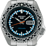 Seiko 5 Sports Checker Flag Special Edition Black Dial Silver Steel Strap Watch For Men - SRPK67K1