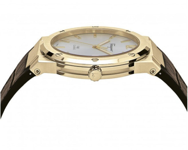 Salvatore Ferragamo F-80 Classic Silver Dial Brown Leather Strap Watch for Men - SFDT00419