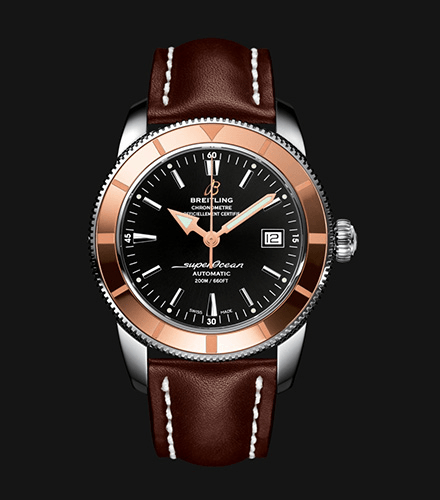 Breitling Superocean Heritage 42mm Rose Gold Chronometer Black Dial Brown Leather Strap Mens Watch - U1732112