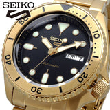 Seiko 5 Sports Automatic Black Dial Gold Steel Strap Watch For Men - SRPK18