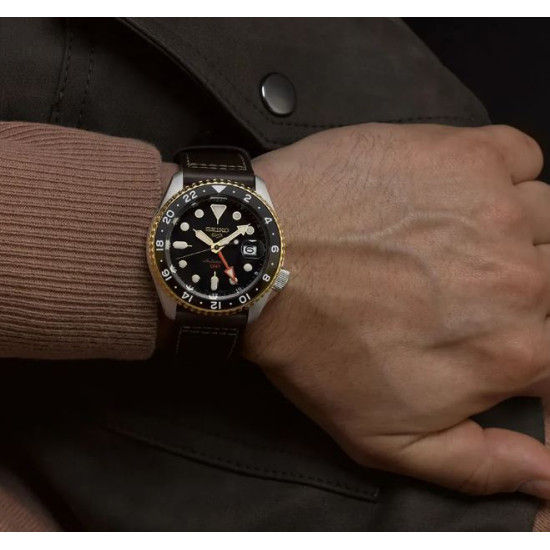 Seiko 5 Sports SKX GMT Automatic Mocha Black Dial Brown Leather Strap Watch For Men - SSK036K1