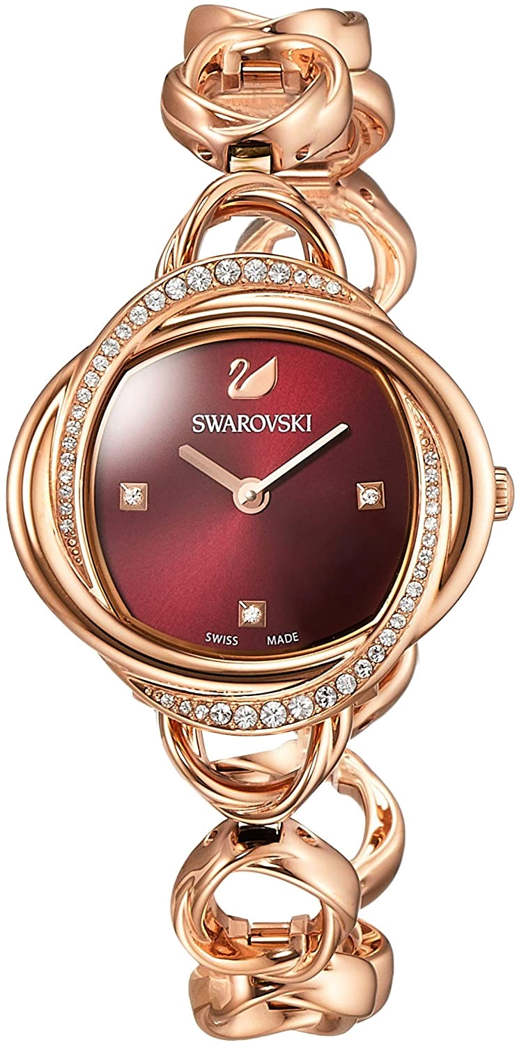 Swarovski Crystal Flower Red Dial Rose Gold Steel Strap Watch for Women - 5552783