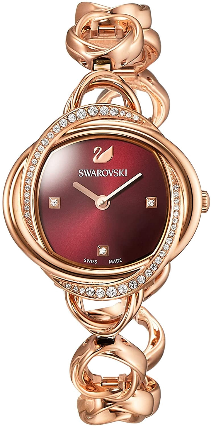 Swarovski Crystal Flower Red Dial Rose Gold Steel Strap Watch for Women - 5552783