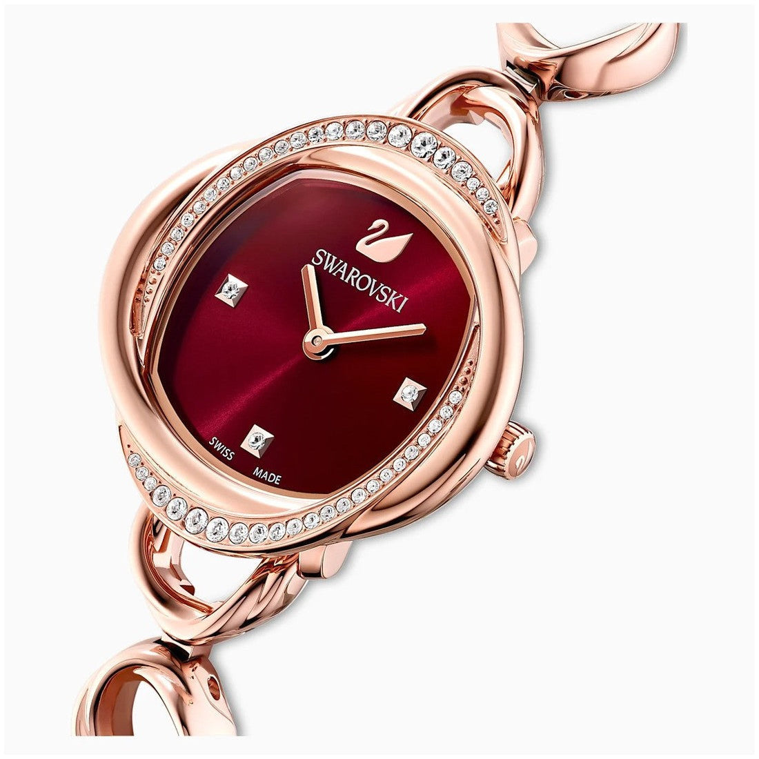 Swarovski Crystal Flower Red Dial Rose Gold Steel Strap Watch for Women - 5552783