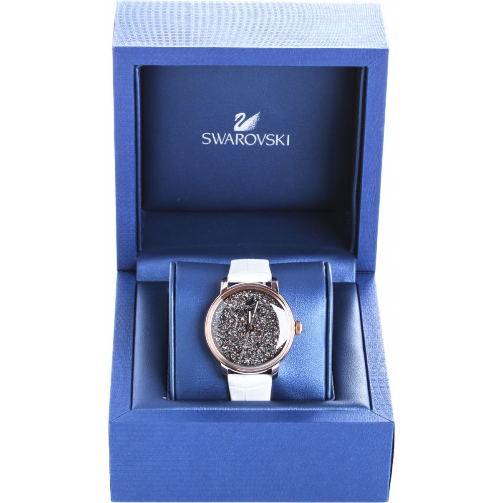 Swarovski Crystalline Hours Quartz Grey Dial Black Leather Strap Watch for Women - 5344635