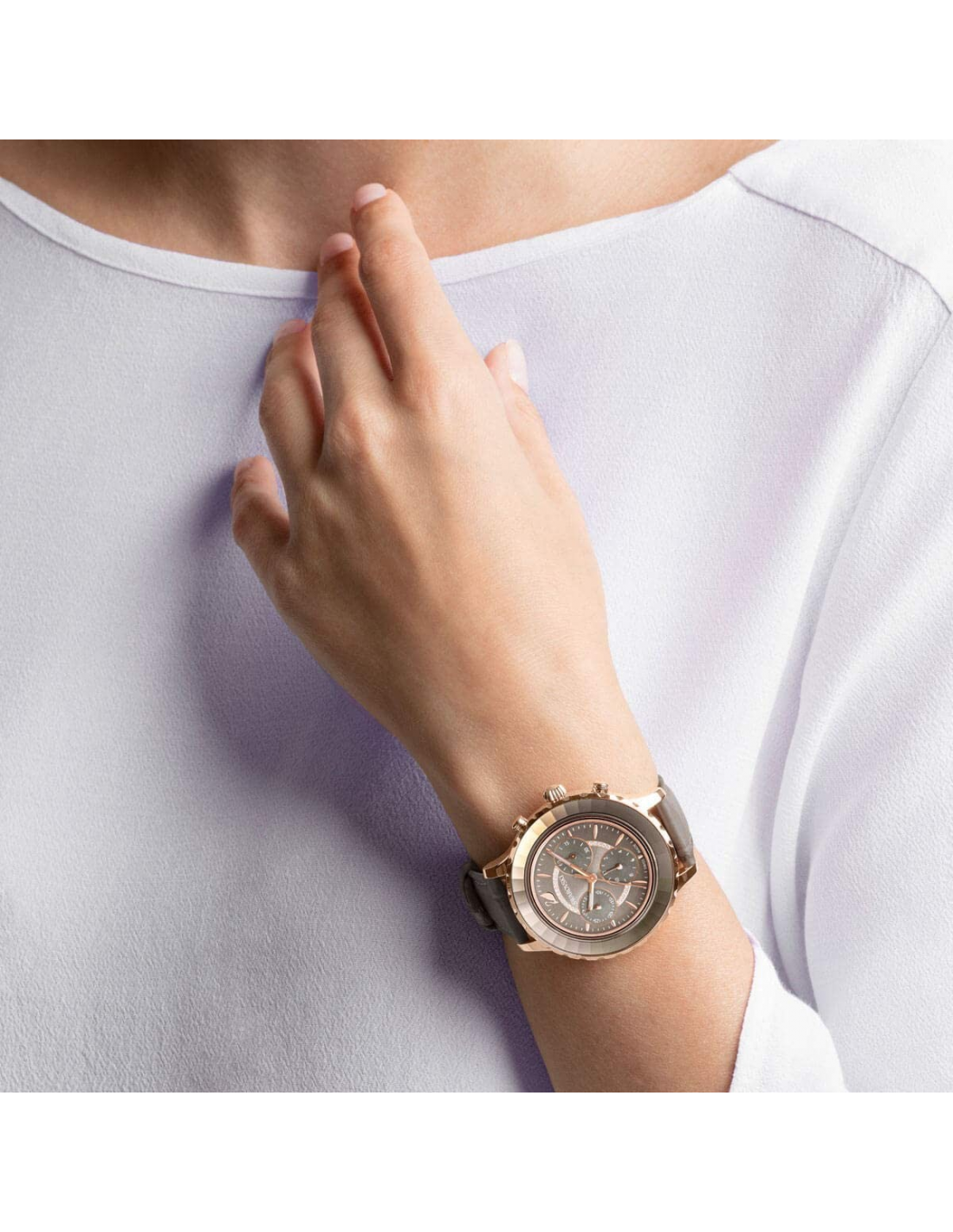 Swarovski Octea Lux Chrono Grey Dial Grey Leather Strap Watch for Women - 5452495