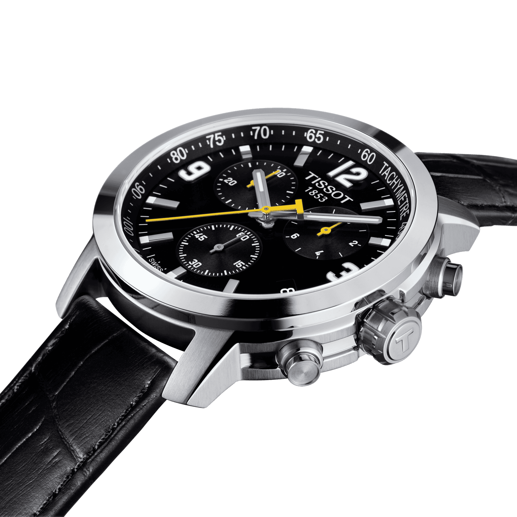 Tissot PRC 200 Chronograph Black Dial Black Leather Strap Watch For Men - T055.417.16.057.00