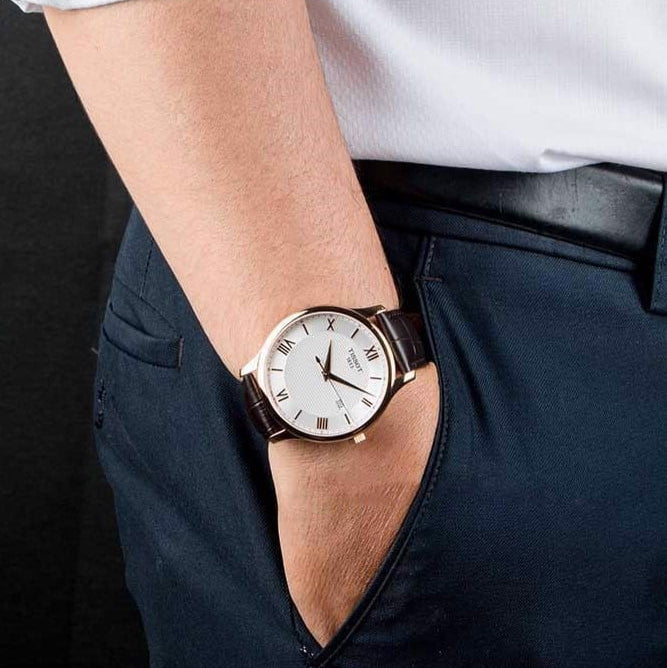 Tissot T Classic Tradition Silver Dial Brown Leather Strap Watch For Men - T063.610.36.038.00