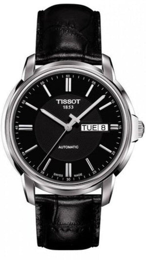 Tissot Automatics III Day Date Black Dial Black Leather Strap Watch For Men - T065.430.16.051.00