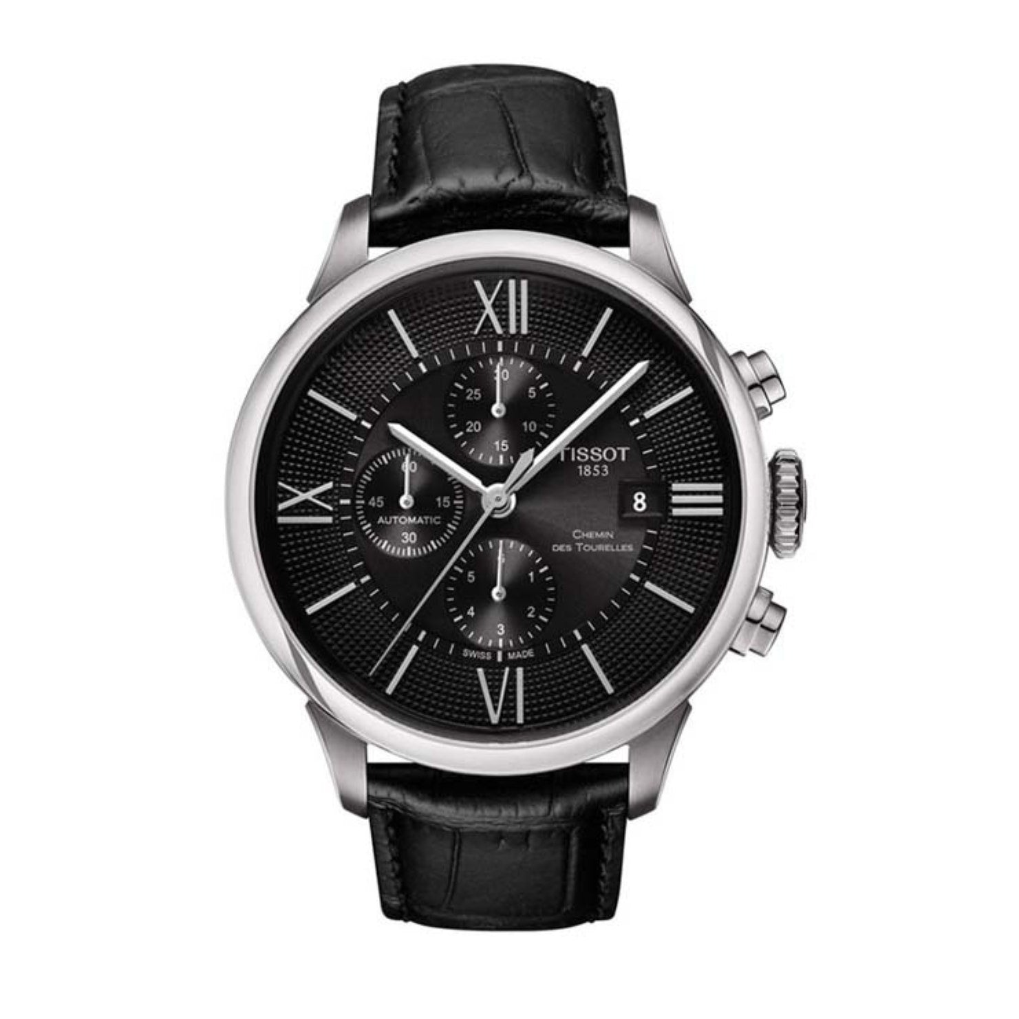 Tissot T Classic Chemin Des Tourelles Chronograph Black Dial Black Leather Strap Watch For Men - T099.427.16.058.00