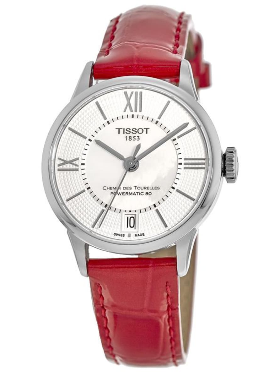 Tissot Chemin Des Tourelles Automatic Mother of Pearl White Dial Red Leather Strap Watch For Women - T099.207.16.118.00