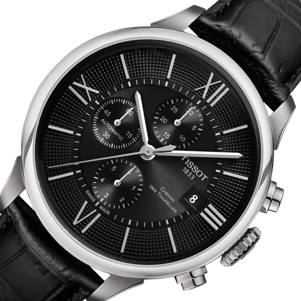 Tissot T Classic Chemin Des Tourelles Chronograph Black Dial Black Leather Strap Watch For Men - T099.427.16.058.00