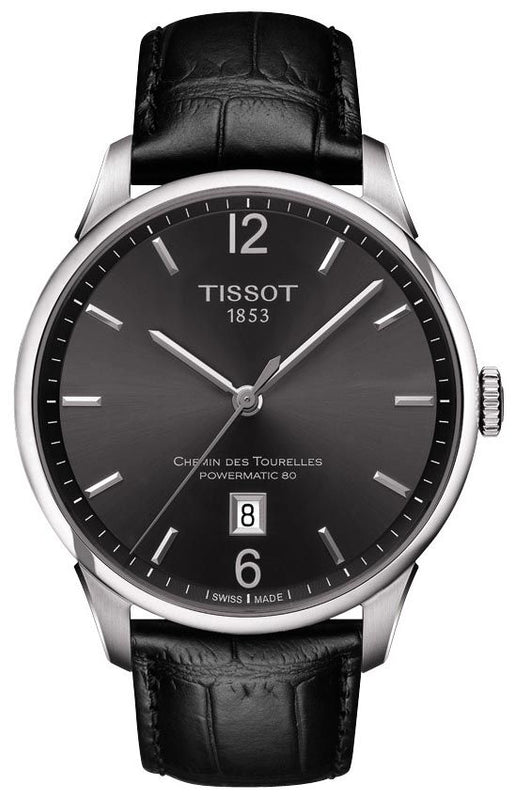 Tissot Chemin Des Tourelles Powermatic 80 Black Dial Black Leather Strap Watch For Men - T099.407.16.447.00