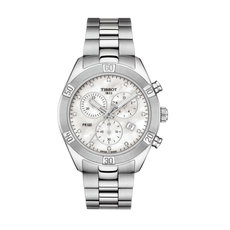 Tissot PR 100 Sport Chic Chronograph Diamonds Mother of Pearl Dial Silver Steel Strap Watch for Women - T101.917.11.116.00