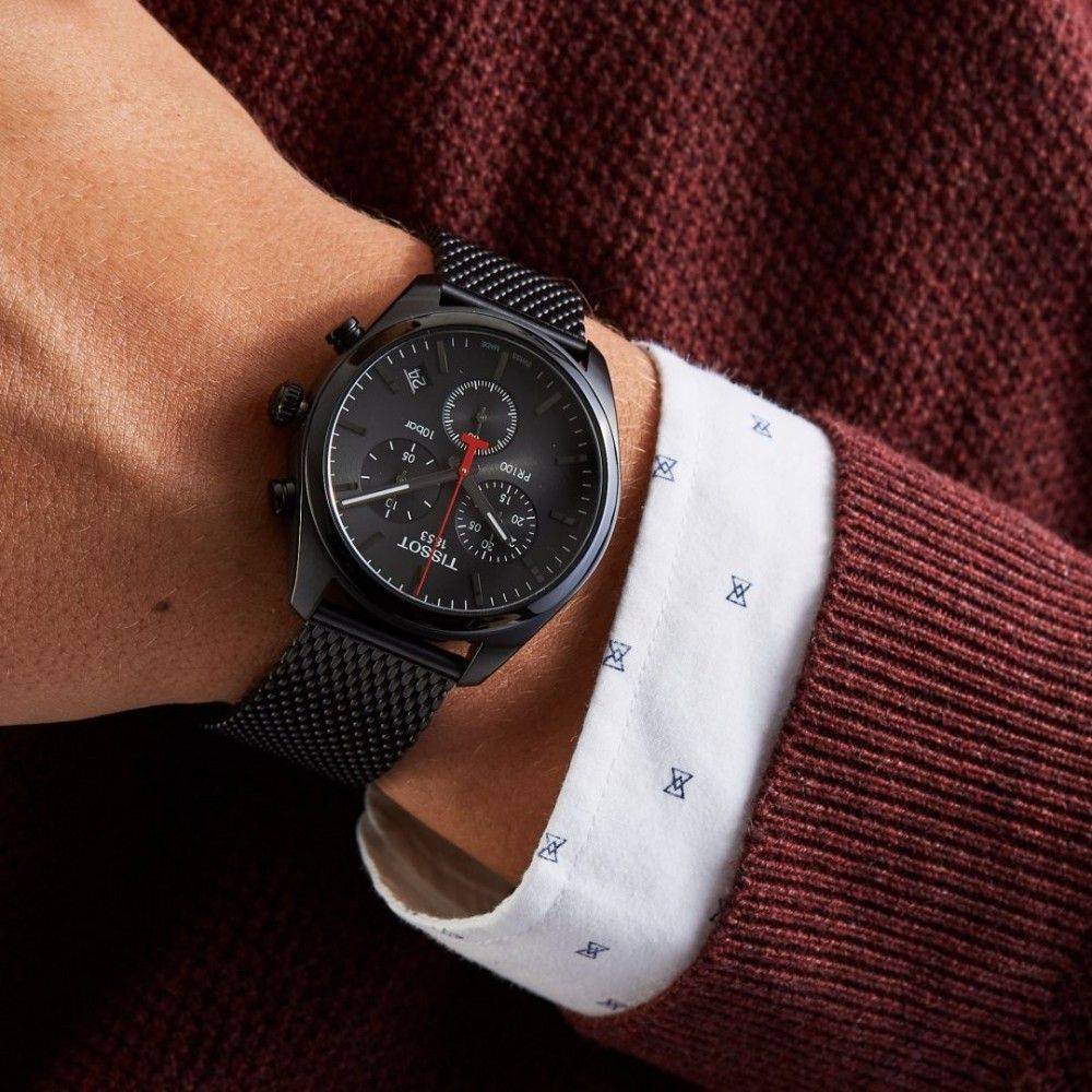 Tissot T Classic PR 100 Chronograph Black Dial Black Mesh Bracelet Watch For Men - T101.417.33.051.00