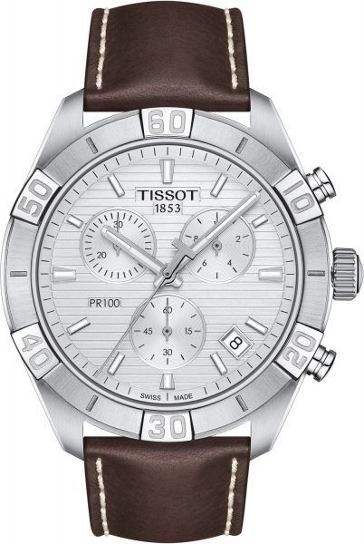 Tissot PR 100 Sport Quartz Chronograph Silver Dial Brown Leather Strap Watch For Men - T101.617.16.031.00
