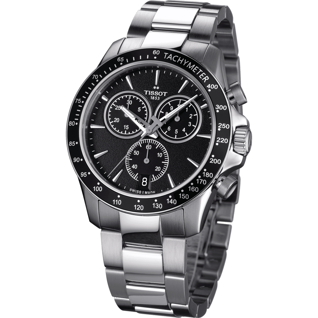 Tissot V8 Quartz Chronograph Black Dial Silver Steel Strap Watch For Men - T106.417.11.051.00