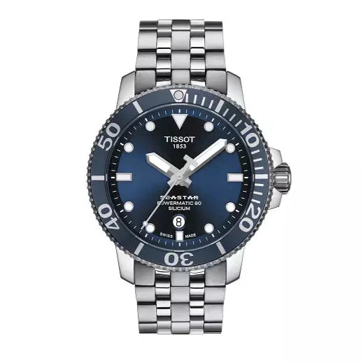 Tissot T Sport Seastar 1000 Powermatic Silicium Blue Dial Silver Steel Strap Watch For Men - T120.407.11.041.01
