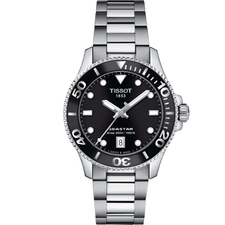 Tissot Seastar 1000 Lady Black Dial Silver Steel Strap Watch for Women - T120.210.11.051.00