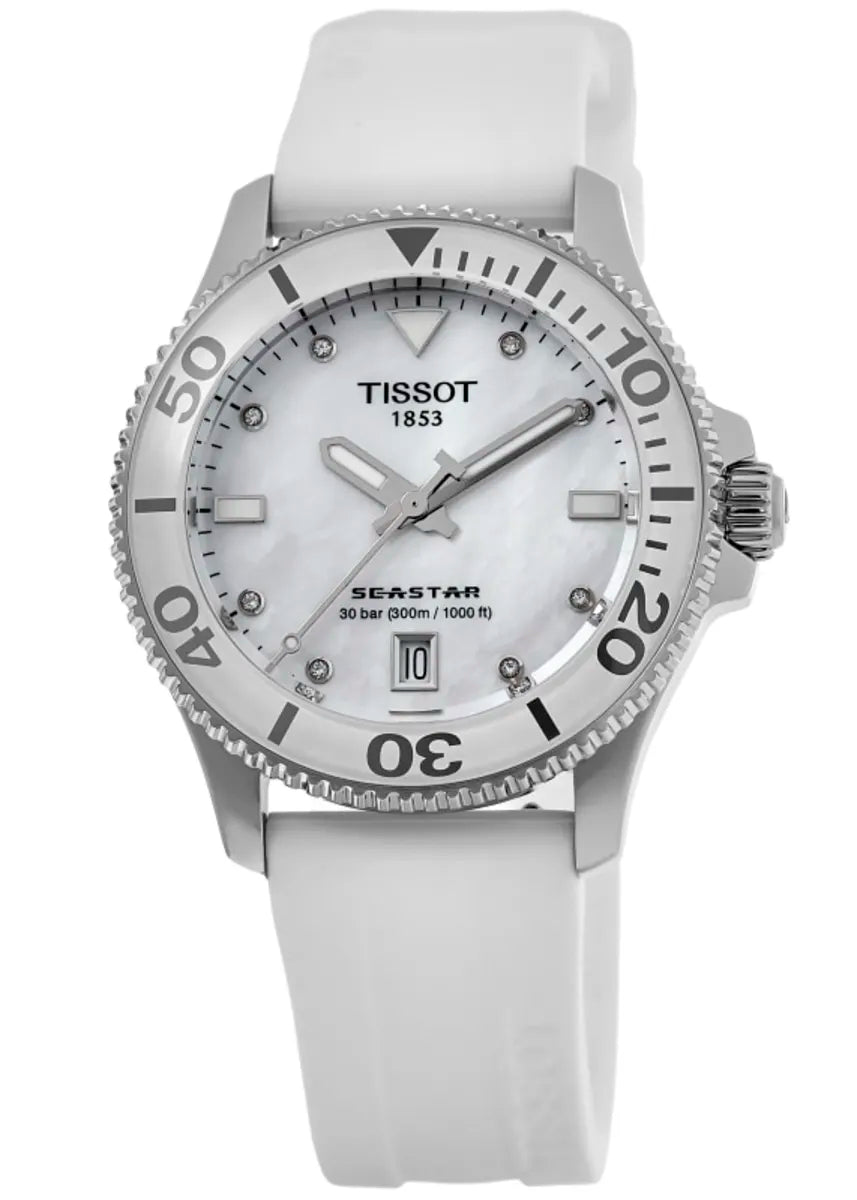 Tissot Seastar 1000 Mother of Pearl White Dial White Rubber Strap Watch for Women - T120.210.17.116.00
