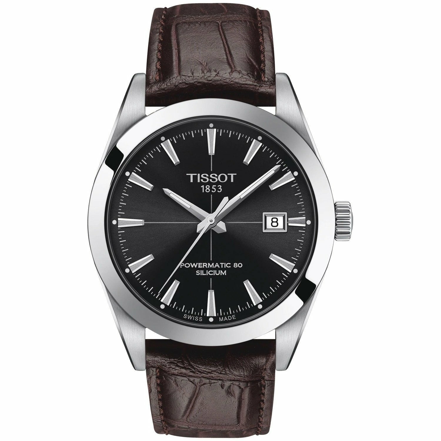Tissot Gentleman Powermatic 80 Silicium Black Dial Brown Leather Strap Watch For Men - T127.407.16.051.01