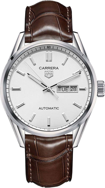Tag Heuer Carrera Day Date Silver Dial Brown Leather Strap Watch for Men - WBN2011.FC6484