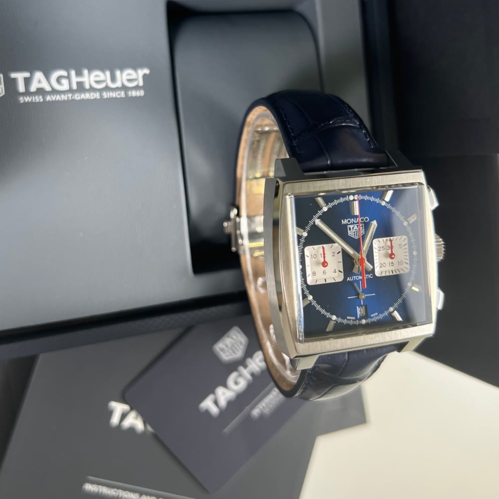 Tag Heuer Monaco Automatic Chronograph Blue Dial Blue Leather Strap Watch for Men - CBL2111.FC6453