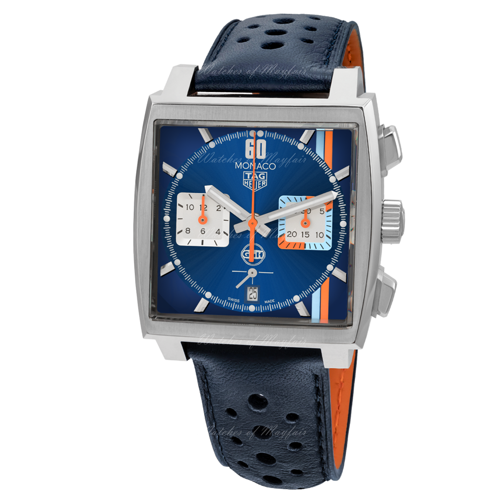 Tag Heuer Monaco Gulf Automatic Chronograph Blue Dial Blue Leather Strap Watch for Men - CBL2115.FC6494