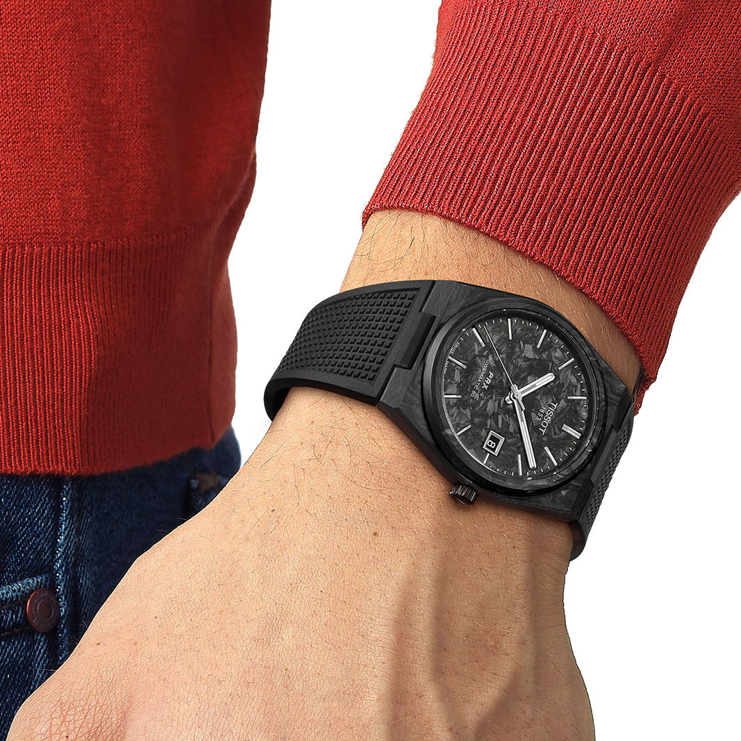 Tissot PRX Powermatic 80 Carbon Black Dial Black Rubber Strap Watch for Men - T137.907.97.201.00
